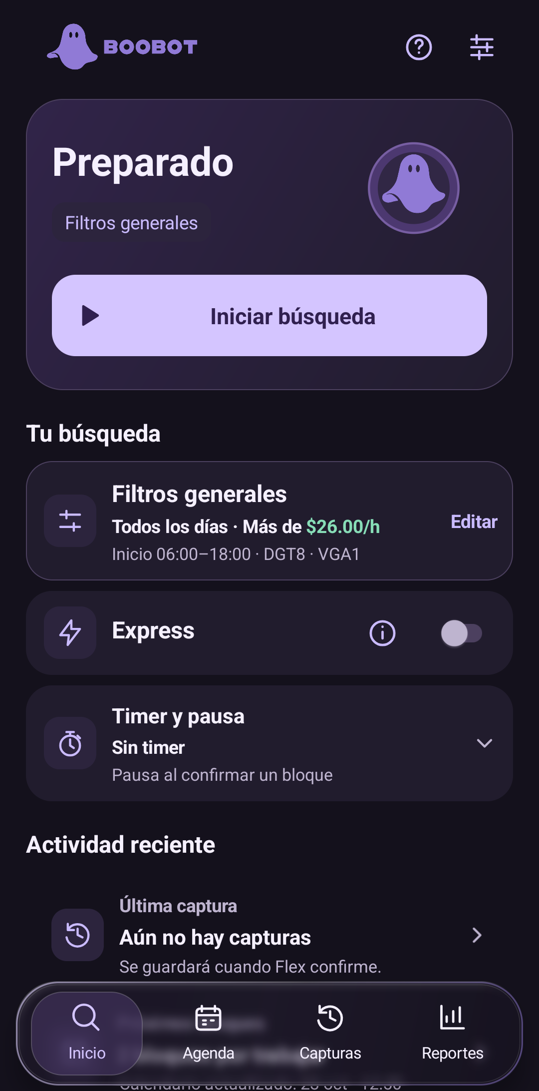 Pantalla real de Inicio de BOOBOT, preparado para iniciar la búsqueda.